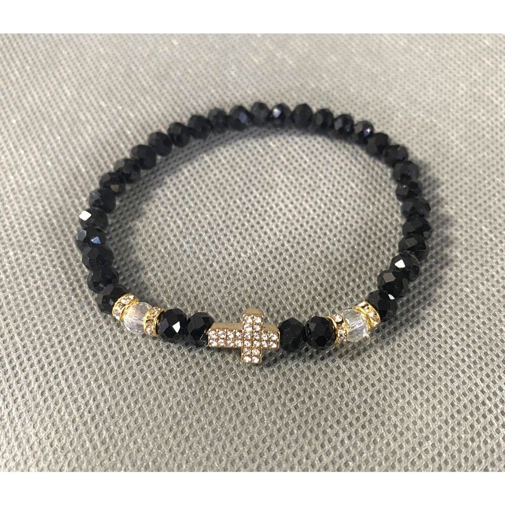 Metallic Black Cross Charm Bracelet Octagon Beads Multicolor Stretch - Picture 3 of 10